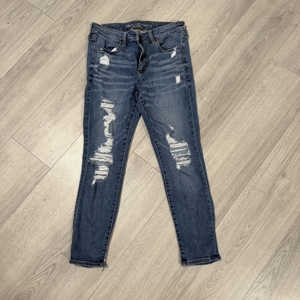 American Eagle Next Level Stretch Distressed Skinny Jegging Crop Blue Jeans 14
